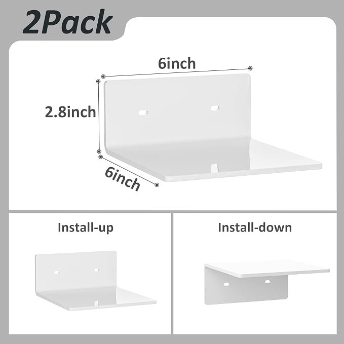 Sezanrpt 6 Inches Acrylic Small Wall Shelves 2 Pack, Floating Shelf for Wall Mounting, Acrylic Display Ledges for Funko Pop Figures, Home Décor, Living Room, Gaming Room, Plants(6 inch, White) - Image 3