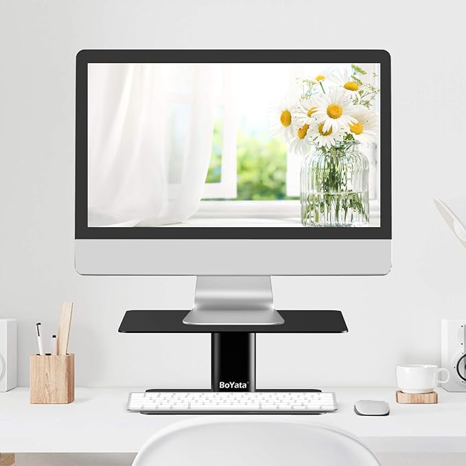 BoYata Monitor Stand, Adjustable Height Metal Desktop Riser, Black | Height-Adjustable Metal Riser with Open Storage Space Underneath for Monitors, Laptops, iMacs, PCs and TVs - Image 2