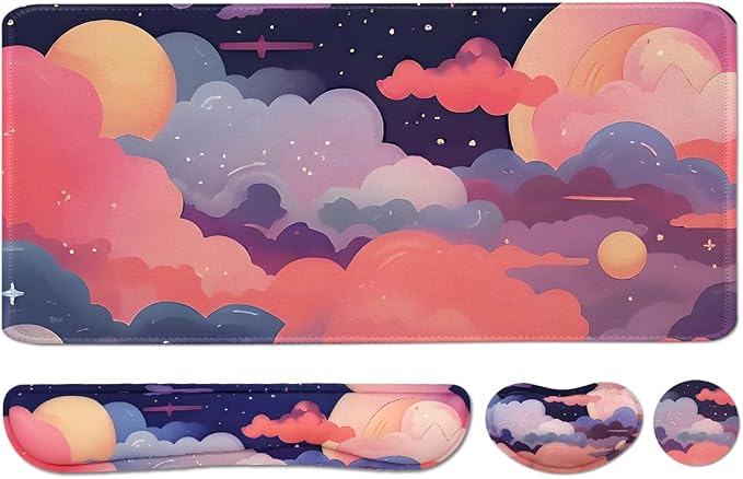 Large Mouse Pad Set, Cute Extended Mouse Pad+Keyboard Wrist Rest Support Desk Pad Memory Foam Ergonomic Easy Typing, 35.4×15.7 in Desk Mat Set for Home Office Study Game - Cloud by VIKIBO