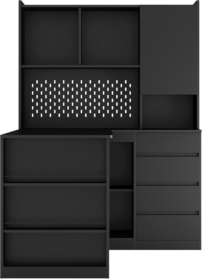 KEIKI L Shaped Home Office Desks with LED Light, Pegboard, Hutch, Drawers, Bookshelf & Storage Shelves, Modern Wooden Gaming Computer Corner Table for Work, Study, Writing - Image 6