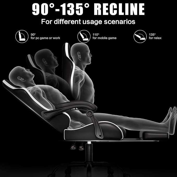Czlolo Gaming Chair, Ergonomic Office Computer Chair with Footrest and Lumbar Support Massager High Back Video Gamer Chair, Wide＆Thick Cushion, 90°-135° Recline, Adjustable Height, Cloud White - Image 7