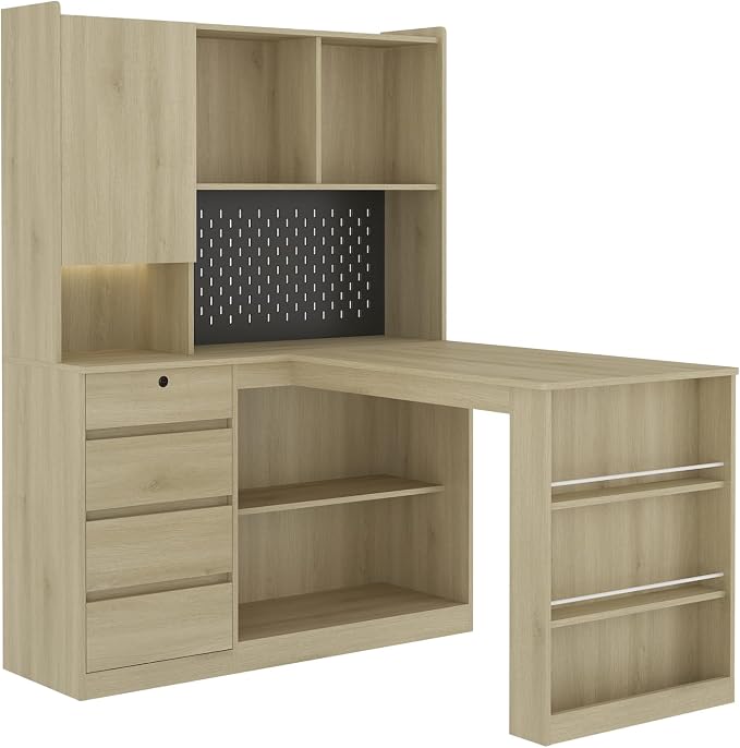 KEIKI L Shaped Home Office Desks with LED Light, Pegboard, Hutch, Drawers, Bookshelf & Storage Shelves, Modern Wooden Gaming Computer Corner Table for Work, Study, Writing - Image 5