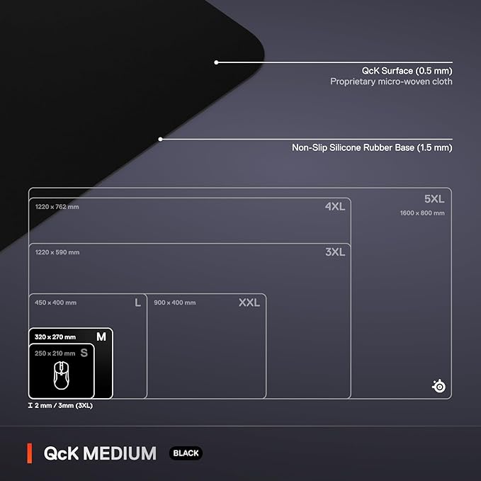 SteelSeries QcK Medium Gaming Mousepad — Black — Non-Slip Silicone Rubber Base — Peak Tracking and Stability — Optimized for Gaming Sensors — 320 mm x 270 mm — FPS, MOBAs, RTS, MMO - Image 5