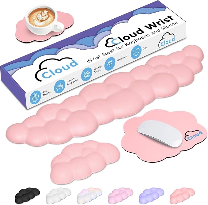4 in 1 Ergonomic Leather Cloud Wrist Rest Keyboard and Mouse Pad & Coaster | Full 4-Piece Set, Non-Slip PU Base, Soft Memory Foam Comfort For Long Work/Gaming Hours, Cute Desk Decor, Easy To Clean by YAMJUG