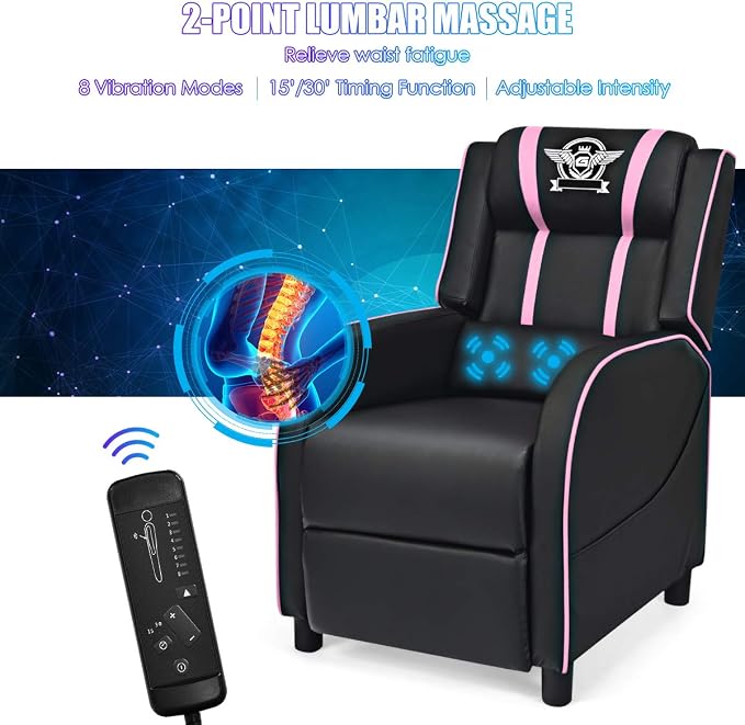 Giantex Gaming Recliner Chair, Adjustable Massage Gaming Chairs for Adults, Ergonomic Comfortable Lounge Leather Sofa w/Footrest, Remote Control & Side Pocket, Racing Style Single Sofa Recliners, Pink - Image 5