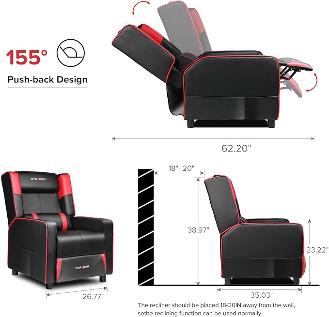 GTRACING Gaming Recliner Chair for Living Room Racing Style Single PU Leather Gaming Sofa for Adults Modern Game Recliners Ergonomic Comfortable Home Theater Seating, Red - Image 2