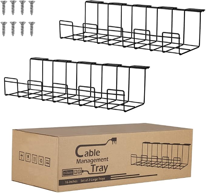 2 Packs Cable Management Tray, 16" Under Desk Organizer for Wire Organization, Metal Holder for Desktop Computer Home Office Kitchen Workstation to Cover and Hide Power Strips (Black) by Baskiss
