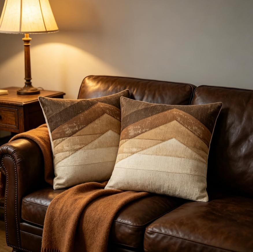 Linen Throw Pillow Covers Set of 2 Mountain Patchwork 18x18in - Image 4