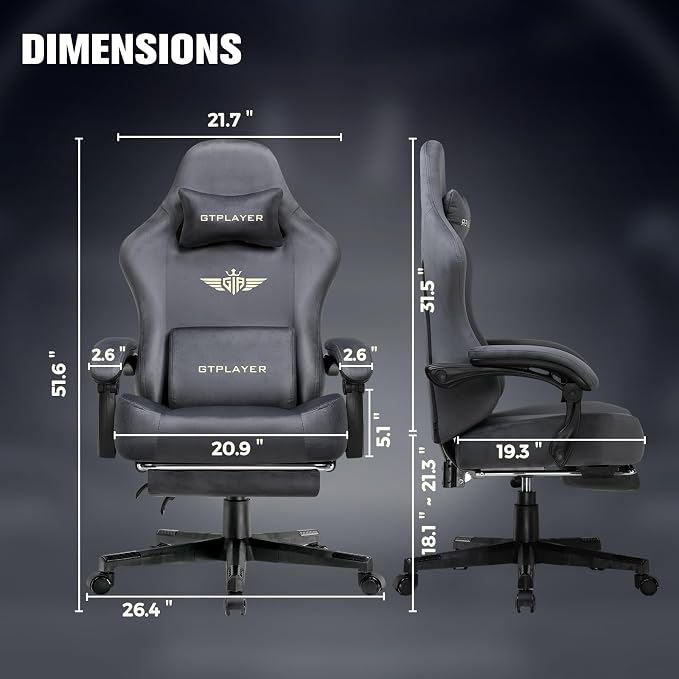GTPLAYER Big and Tall Gaming Chair 400lbs Heavy Duty Office Chair with Foot Rest, High Back Pocket Spring Ergonomic Computer Chair for Adults, Wide Comfy Seated Cushion with Linkage Armrests, Grey - Image 2