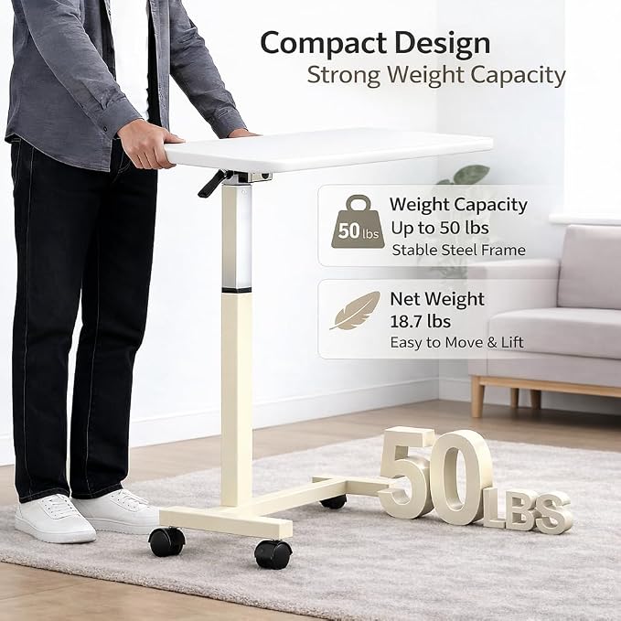 Adjustable Overbed Table with Wheels, Pneumatic Height Lift Rolling Bedside Table, Standing Desk for Home & Office Use, Ideal for Seniors & Limited Mobility(White) - Image 3