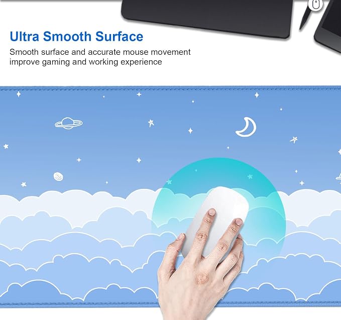IMAYONDIA Cute Pastel Blue Desk Mat, Aesthetic Stars Moon Desk Pad, Kawaii Anime Deskmat, Gradient White Clouds Computer Pad, Minimalist Large Gaming Mouse Pad Mousepad, 31.5 X 11.8 Inch - Image 4