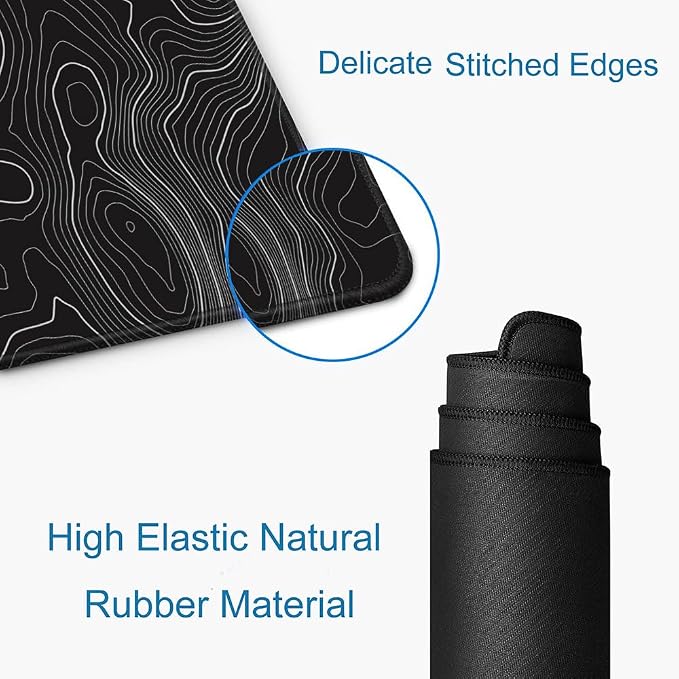 Gaming Mouse Pad, Large Topographic Mouse Pads for Desk, Non-Slip Rubber Base Mousepad, Keyboard Mouse Mat, Desk Pad with Stitched Edges, 31.5x11.8inch, Black Geographic Lines - Image 3