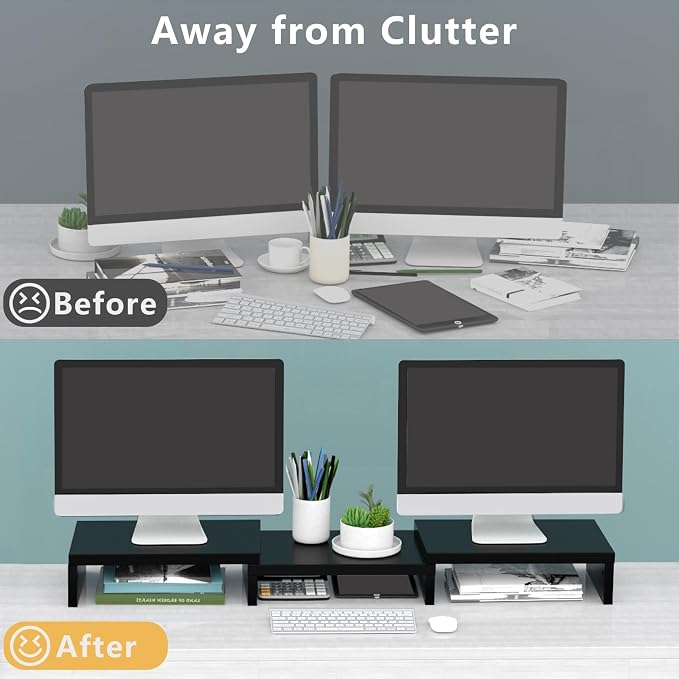 TAVR Dual Monitor Stand Riser Office Desktop Organizer Stand for 2 Monitors, Adjustable Length and Angle 3 Shelf, Extra Long Multifunctional Stand up to 48.2" fit Computer, Laptop, TV, Black - Image 2