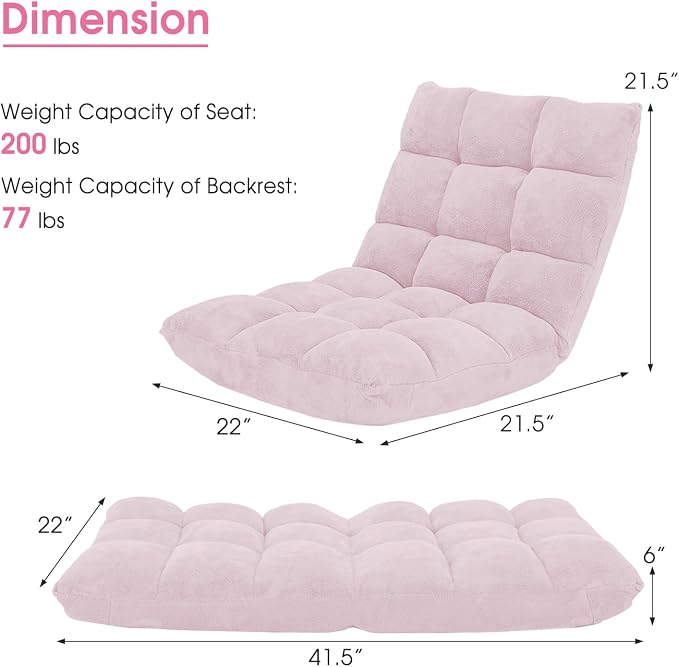 GIANTEX Floor Chair with Back Support, 14 Adjustable Position, Padded Sleeper Bed, Couch Recliner, Gaming Floor Chairs for Meditation, Adults, Living Room, Gaming Chair Floor, Light Pink - Image 3