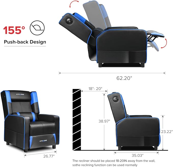 GTRACING Gaming Recliner Chair with Bluetooth Speakers Racing Style Single Gaming Sofa Modern Living Room Recliners Ergonomic Comfortable Massage Home Theater Seating, Blue - Image 3
