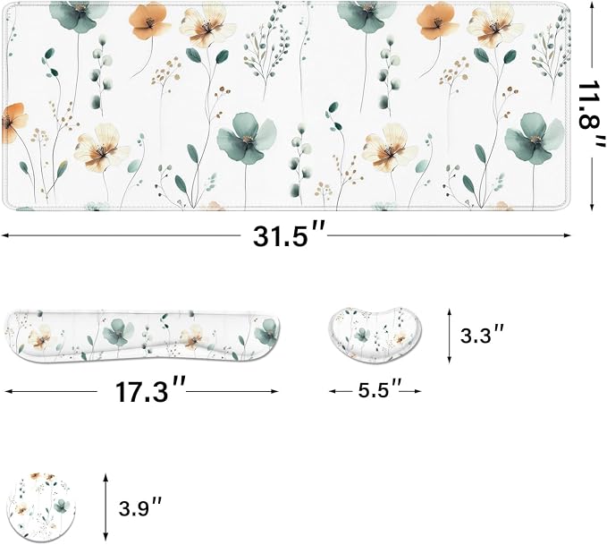 Desk Pad and Keyboard Wrist Rest, Large Mouse Pad + Keyboard Pad+Mouse Wrist Support, Non-Slip Desk Mat Protector for Office, Home 31.5×11.8 Inches Mini Floral - Image 4