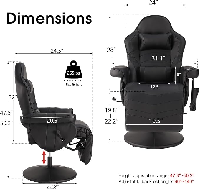 LVUYOYO Reclining Gaming Chair, Gaming Chair with Footrest and Massage, High Back PU Leather Gaming Recliner w/Adjustable Height, Swivel Game Chair with Lumbar Support, Cup Holder, Headrest - Image 2