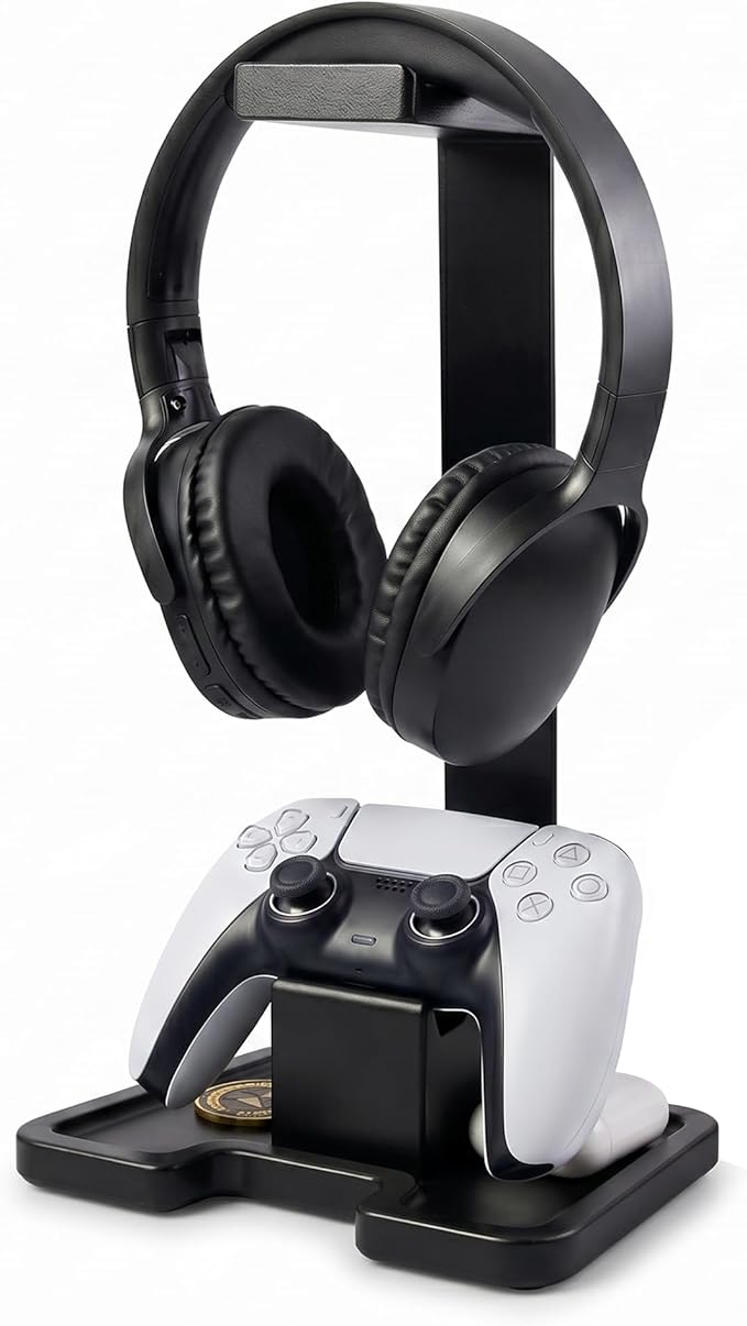 Gaming Accessories Headset Stand with Game Controller Holder & Storage Base, Stylish Gamer Gifts for Men Teenage Boy Headphone Stand, Unique Gifts for Gamers to Organize Gaming Equipment (Black Wood) by Unknown