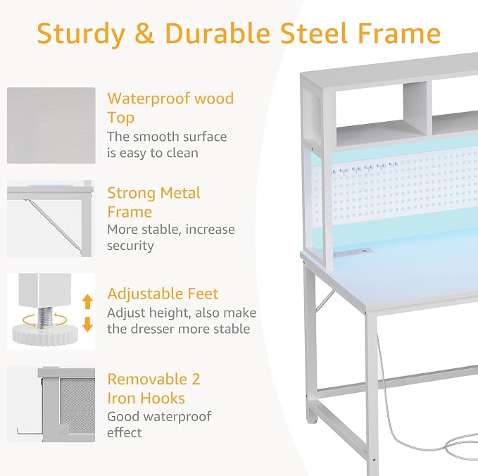 White Gaming Desk with Hutch and Pegboard - Computer Desk with Hutch, Power Outlet, 47 Inch Art Desk with Storage, Hooks, RGB and Side Bag, Writing Modern Study Teen Desks for Girl Bedroom Home Office - Image 5