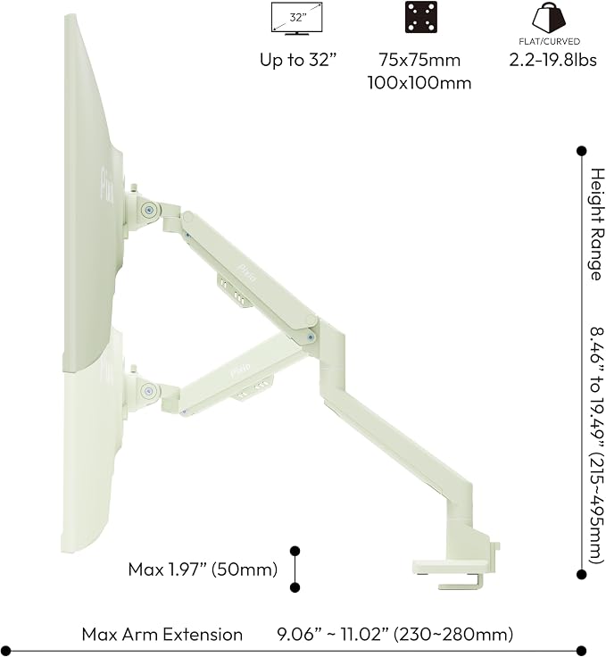 Pixio PS1S Wave Mint Green Single Monitor Arm Stand Desk Mount - Fits up to 32 inches Monitors and up to 19.8lbs. VESA Compatibility and Integrated Cable Management - Image 4