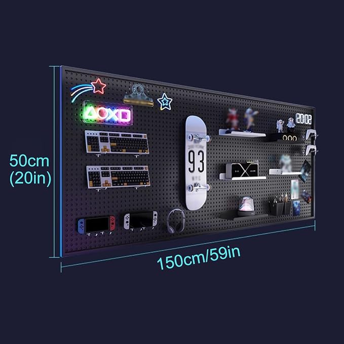 Desk Pegboard Metal Gaming Pegboard Black Peg Board Organizer with 20 Pcs Hooks for Office, Garage Tools, Kitchen, Craft(150x50cm/59x20in) - Image 2