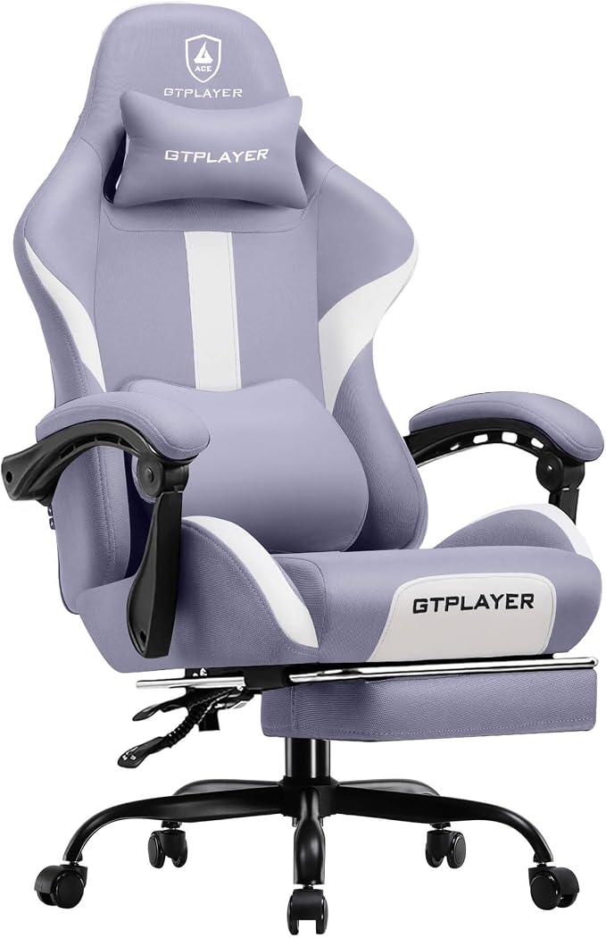 GTPLAYER Gaming Chair with Foot Rest & Pocket Spring Cushion, Breathable Fabric for Home Office Desk, Ergonomic High Back Computer Chair with Headrest & Lumbar Support, Lavender Purple by GTPLAYER