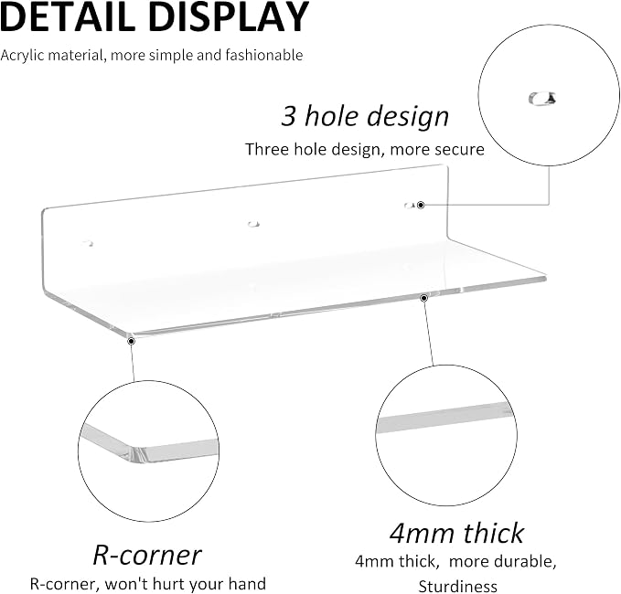 Sezanrpt 15 Inches Acrylic Wall Shelves 2 Pack, Floating Shelf for Wall Mounting, Acrylic Display Ledges for Funko Pop Figures, Home Décor, Living Room, Gaming Room, Plants(15 inch, Clear) - Image 5