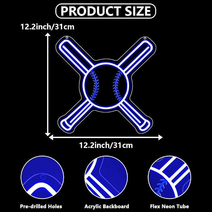 Baseball Neon Sign, Sport Led Neon Light Signs for Wall Decor Baseball LED Sign Lights Lamp for Dorm Bedroom Party Man Cave Birthday Christmas Gift for Sports Fans Dimmable USB Powered(12.2" × 12.2") - Image 3