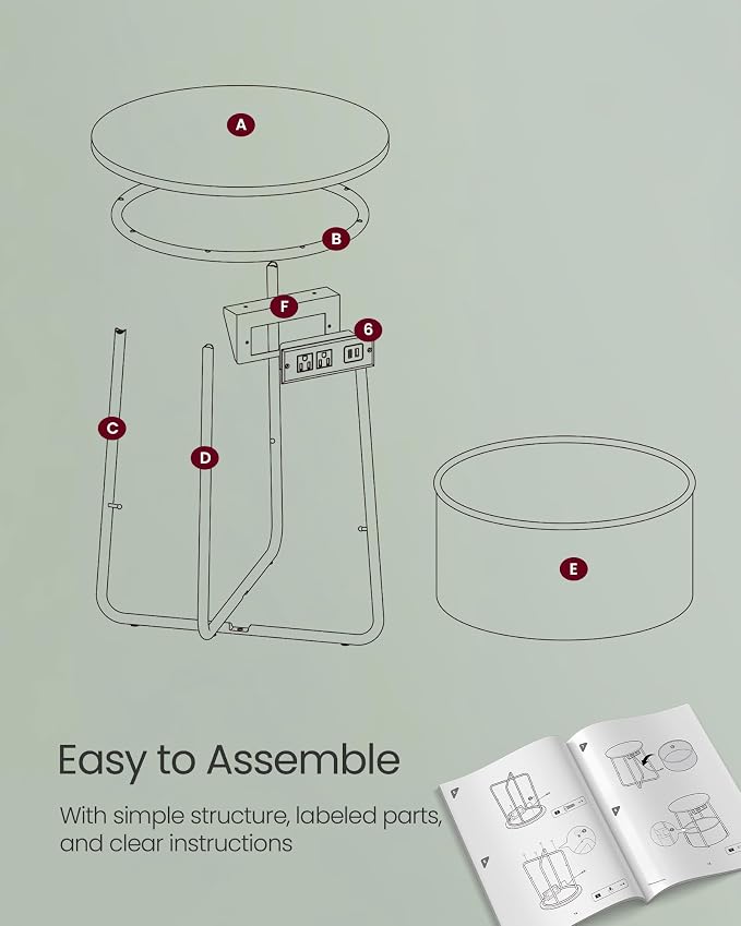 VASAGLE Side Table with Charging Station,Fabric Basket, Round End Table - Image 9