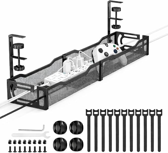 Under Desk Cable Management Tray – 25” Metal Cable Organizer with Clamp Mount, No Drill Wire Management Rack for Office & Home Desk (Black) by Unknown