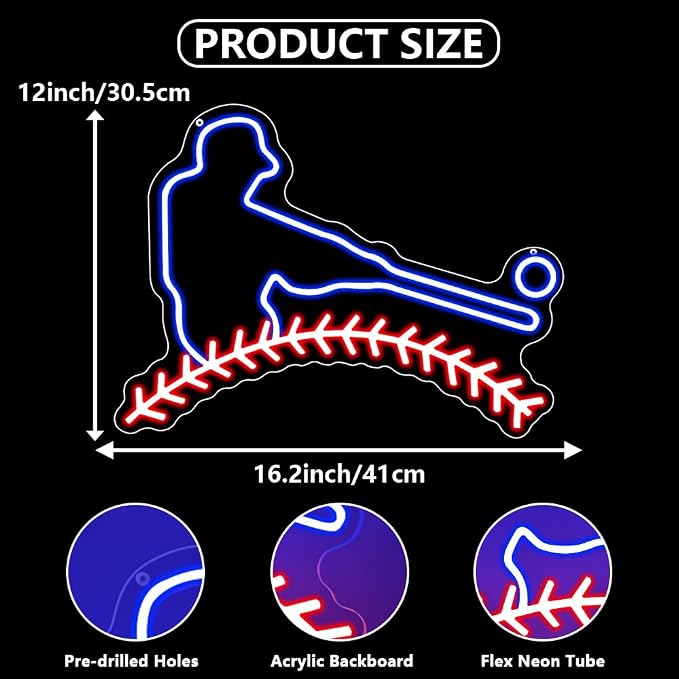 Baseball Neon Sign, Baseball Led Neon Light Signs for Wall Decor Sport Light up Sign Lamp for Dorm Bedroom Party Bar Man Cave Decor Birthday Christmas Gift for Fans Dimmable USB Powered(16.2"*12") - Image 3