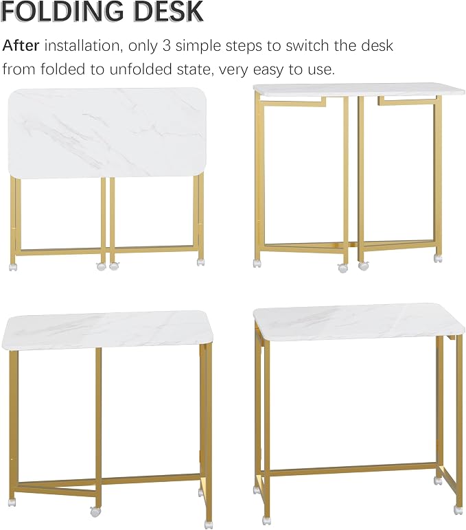 4NM 27.5" Mobile Small Rolling Computer Desk, Folding Laptop Cart Table with Wheels, Portable Office Desk for Small Space Couch Bed - White and Golden - Image 6