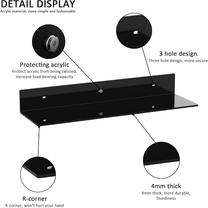 Sezanrpt 20 Inches Acrylic Wall Shelves 2 Pack, Floating Shelf for Wall Mounting, Acrylic Display Ledges for Funko Pop Figures, Home Décor, Living Room, Gaming Room, Plants(20 inch, Black) - Image 4
