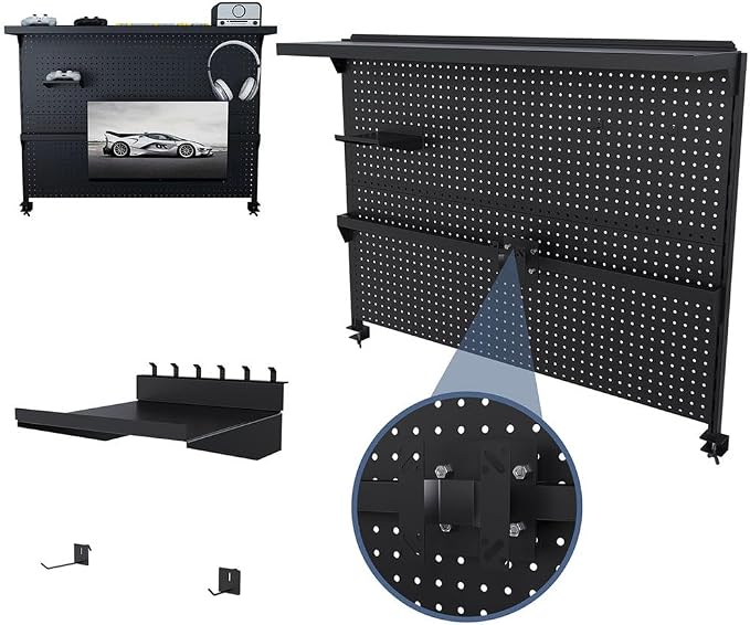Clamp-On Desk Pegboard with Single Monitor Stand, 43" Steel Peg Board Organizer for Office & Gaming Setup, Modular Storage with Hooks & Movable Partition, Fits 0.59"–1.77" Desks, Black - Image 8