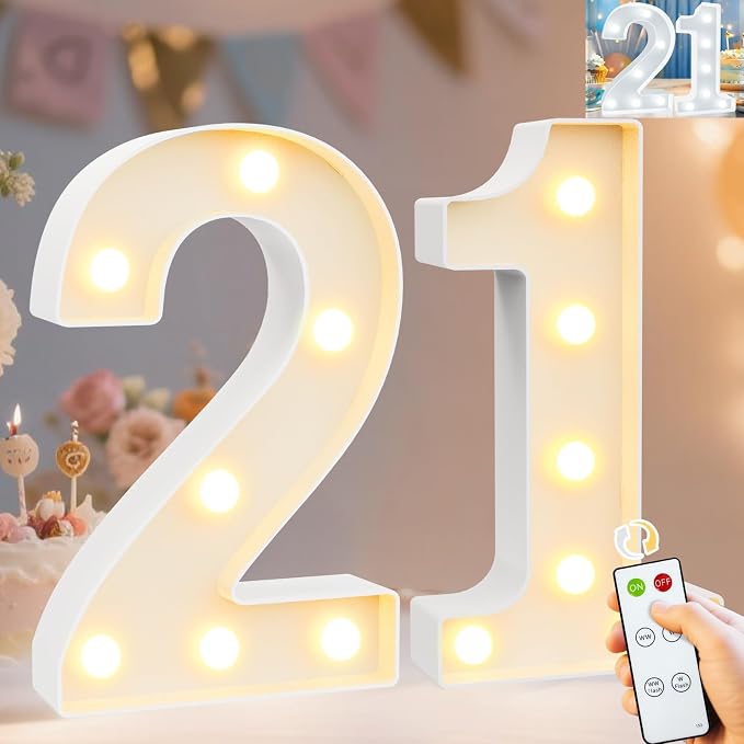 Pooqla 21st Birthday Decorations for Her Him, Decorative Marquee Numbers with Remote, Light Up 21 Sign for Party Backdrop 21st Wedding Anniversary Decor, Warm White and Cool White Number 21 by Pooqla
