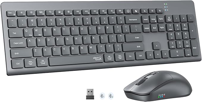 Wireless Keyboard and Mouse, 2.4GHz/Bluetooth Quiet Full Size Set, Gray by MEETION