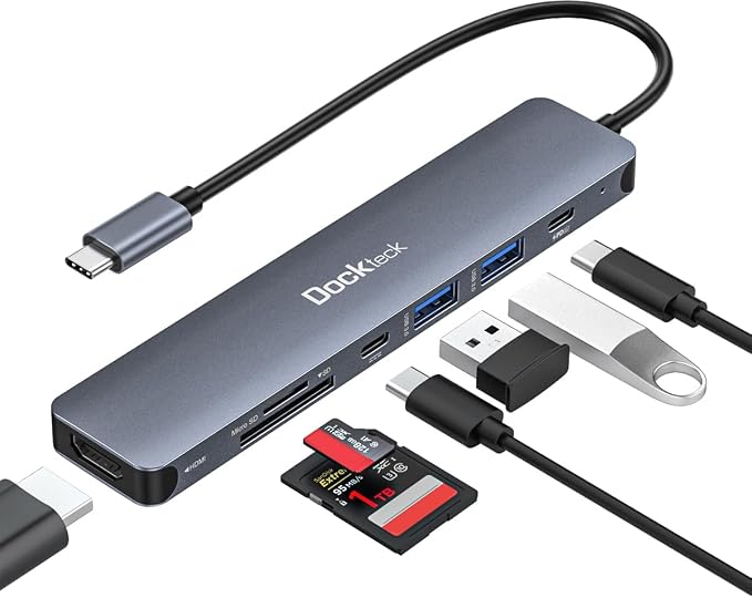 USB C Hub, dockteck 7 in 1 Multiport USB C Adapter with 4K HDMI, 100W PD, 5 Gbps USB-C, 2 USB-A Data Ports, SD/TF Card Reader for MacBook Pro/Air, iPad Pro, Surface Pro, Steam Deck, XPS, HP by Dockteck