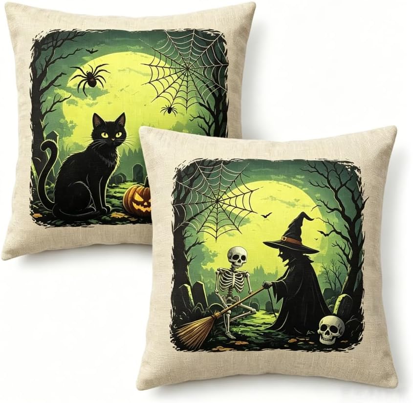 Halloween Throw Pillow Covers, Linen, 18x18 Inch, Set of 2, Witch, Black Cat and Skeleton Spooky Design, Machine Washable by Unknown