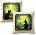 Halloween Throw Pillow Covers, Linen, 18x18 Inch, Set of 2, Witch, Black Cat and Skeleton Spooky Design, Machine Washable by Unknown