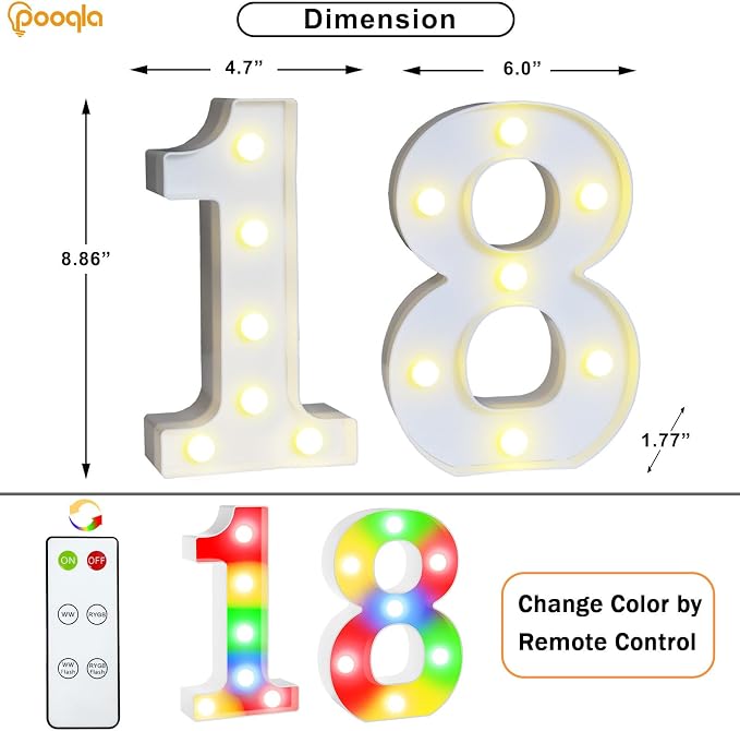 Pooqla 18th Birthday Decoration for Girls Boys, Decorative LED Light Up Numbers, Marquee Numbers 18 Sign for Party Backdrop 18th Wedding Anniversary Decor Gift, Warm White and Colorful Number 18 - Image 3