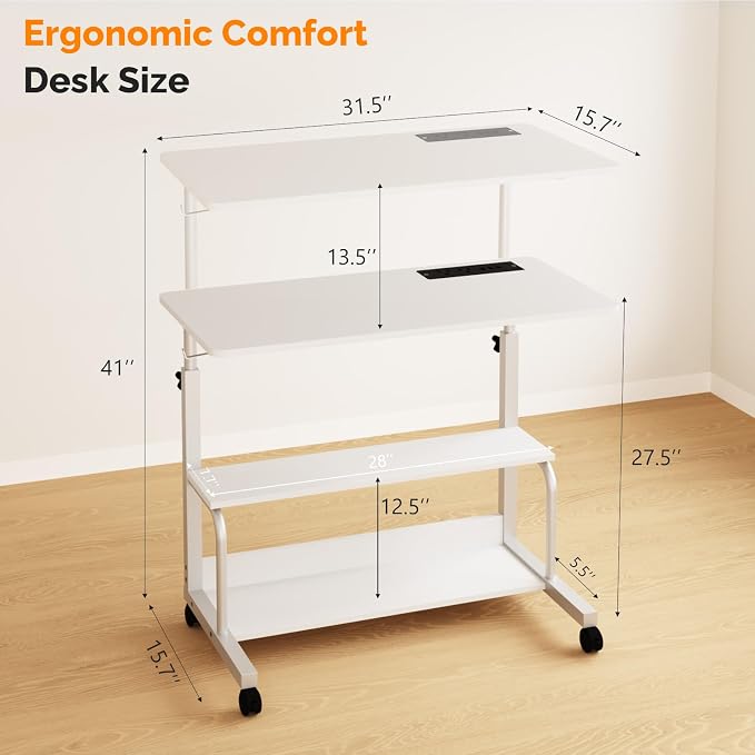 FCH 31.5" Mobile Small Standing Desk, Adjustable Height Mobile Computer Desk, w/2 AC Outlets + 3 USB Ports & Hooks, Storage Shelves, Suitable for Gaming, Studying, Home Office, White - Image 7