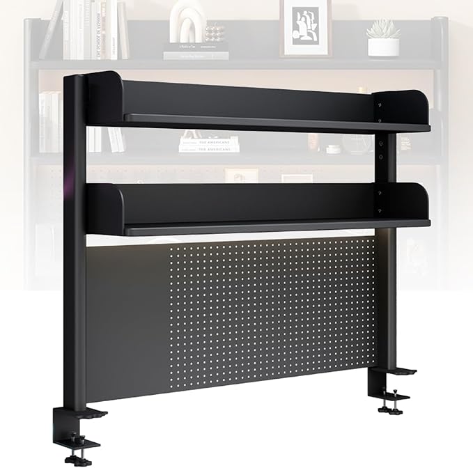YIQIFLY Clamp on Desk Organizer Shelf, Adjustable Desktop Bookshelf Storage Shelves with Pegboard Tabletop Shelf for Office Accessories, Gaming Devices, Dorm Desk (Black, 100x95cm(39.3x37.4in)) by Unknown