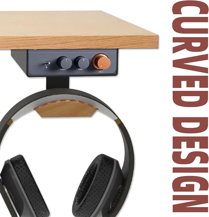 Under Desk Mount for Fosi Audio BT20A Pro with Walnut Wood Headphone Hanger, Metal Amplifier Bracket Shelf for Compact Stereo Amp, Desk Organizer Holder, Black - Image 4
