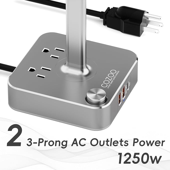 cozoo Headphone Stand with Charger, USB C, Gifts for Gamers Men, Gray | Gaming Headset Stand Holder for Desk, 3 USB(1 USB C) and 2 AC Outlets Charging Ports, Headphone Hanger, Gamer Gifts for Men - Image 5
