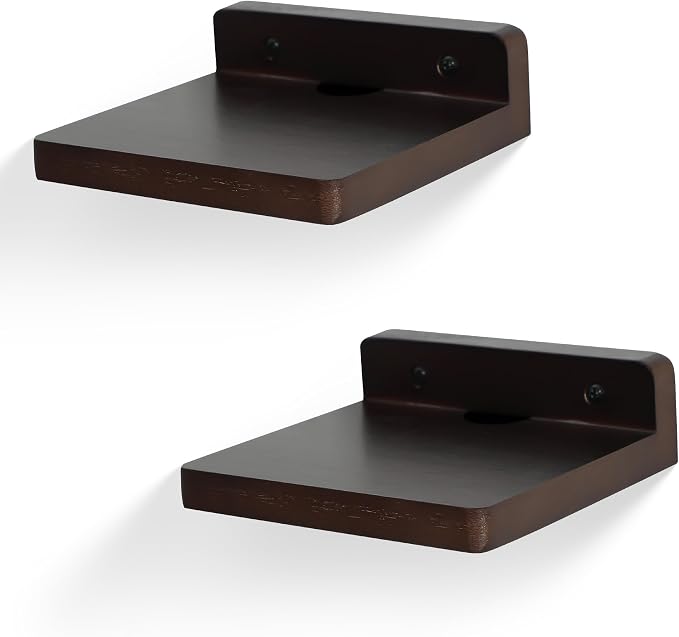 Small Floating Shelf for Wall,5 Inch Wooden Wall Shelf Set of 2,Mini Speaker, Baby Monitor,Cameras，Figurines Display Stand, for Bedroom, Gaming Room, Living Room, Bathroom, Office(Walnut) - Image 8