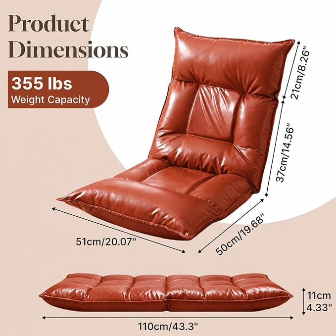 Floor Chair with Back Support, 42-Position Adjustable Gaming Chair for Adults, Faux Leather Floor Lounger, Reading Chairs with Neck Support, Foldable Floor Seat for Sleeping, Gaming (Wine Red) - Image 2