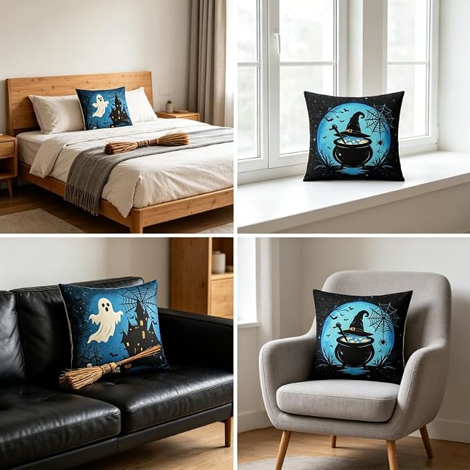 Halloween Throw Pillow Covers, Ghost and Witch Cauldron Design, Linen, 18x18 Inch, Set of 2 - Image 6