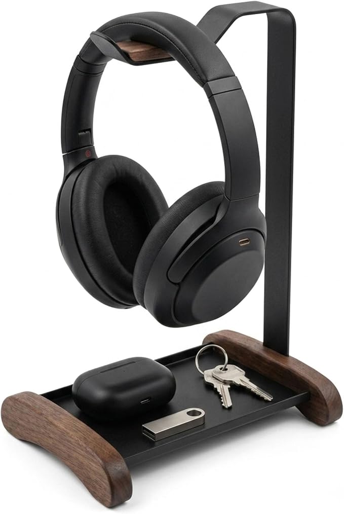 Headphone Stand for Desk with Storage Tray, Walnut Wood Headset Holder and Desktop Organizer for Headphones, Keys, Watches & Accessories, Home Office and Gaming Setup by U-Chain
