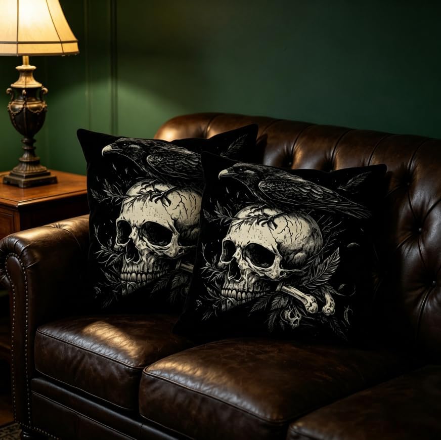 Gothic Skull Raven Throw Pillow Covers, Black, Linen, 18x18 Inch, Set of 2, Square, Machine Washable,Halloween Decorations - Image 3