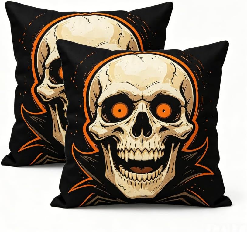 Halloween Skull Throw Pillow Covers, Linen, 18x18 Inch, Set of 2, Black and Orange Decorative Covers for Living Room by Unknown